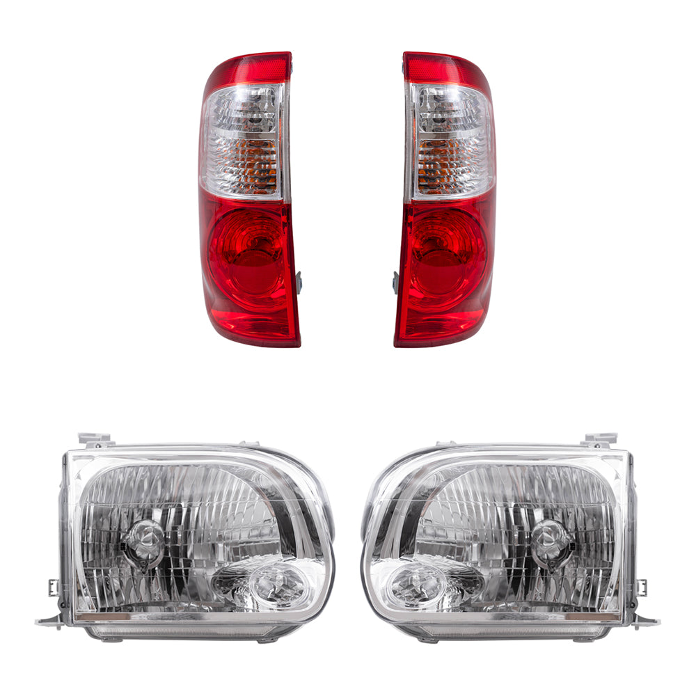 Brock Replacement Driver and Passenger Side Halogen Headlight Assemblies and Tail Light Assemblies 4 Piece Set Compatible with 2005-2006 Tundra Double Cab with Standard Bed